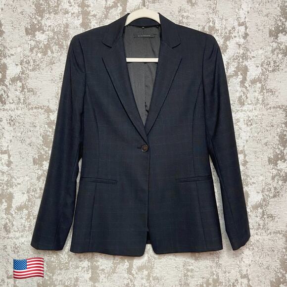 Elie Tahari Single Button Wool Blend Blazer in Charcoal and Blue Plaid - Picture 1 of 6